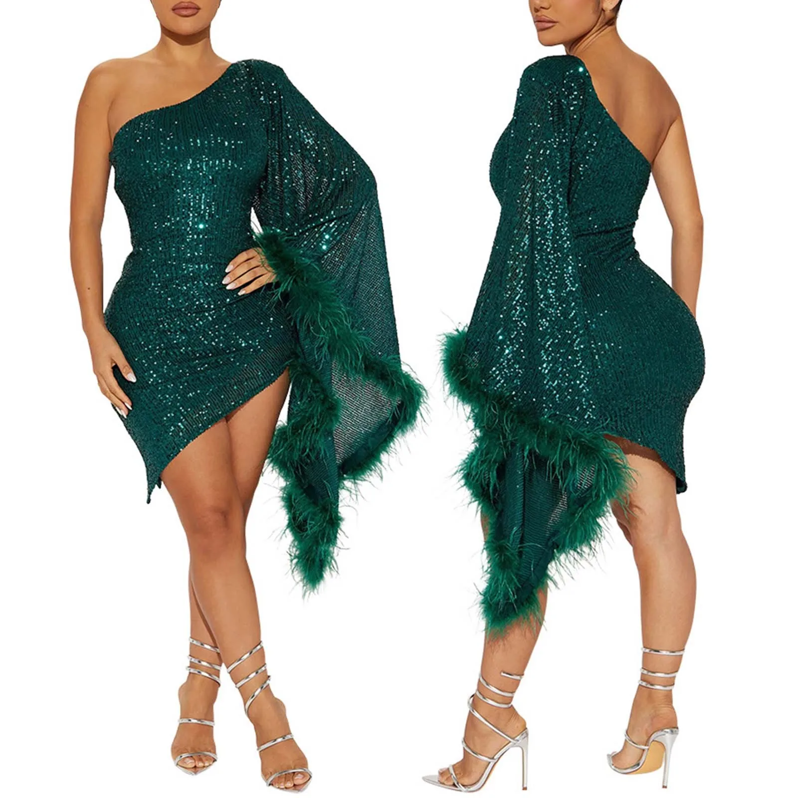 

Women's Sexy Irregular One Shoulder Long Sleeve Sparkly Birthday Dress with Feather Sequin Birthday Luxury Party Dress Robe