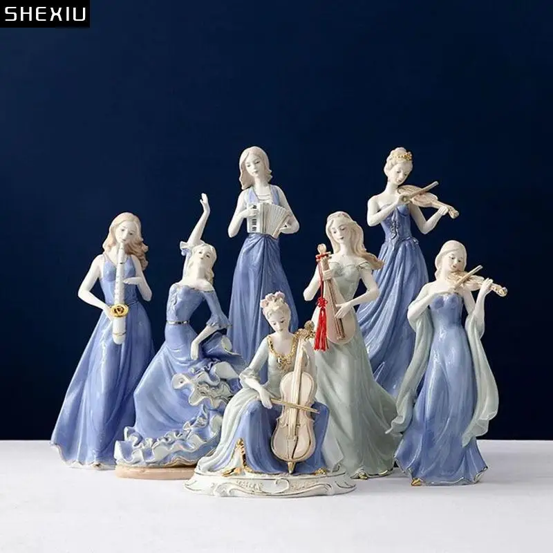 

Beauty Girl Symphony Orchestra Statue Musician Dancer Character Ceramic Sculpture Desk Decoration Gold Plated Crafts Ornaments
