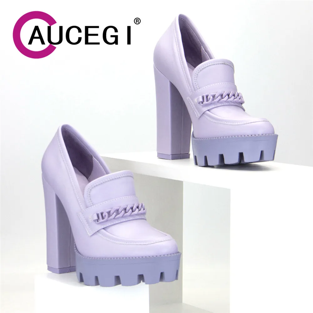 

Aucegi Новое поступление стильные женские туфли с круглым носком на платформе и квадратном высоком каблуке декоративная металлическая цепь универсальные осенне-зимние туфли