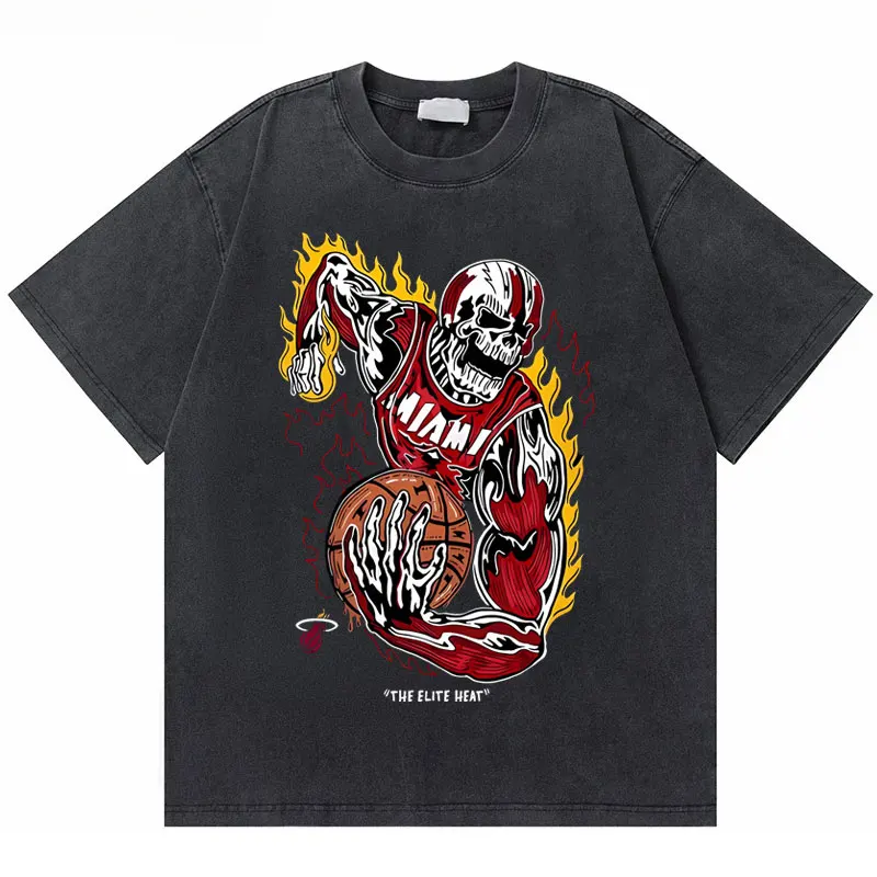 

Hot Sale New Fashion Washed Vintage Skeleton Graphic Tshirt Men Women Hip Hop Oversized T-shirt Cool Basketball Boys Streetwear