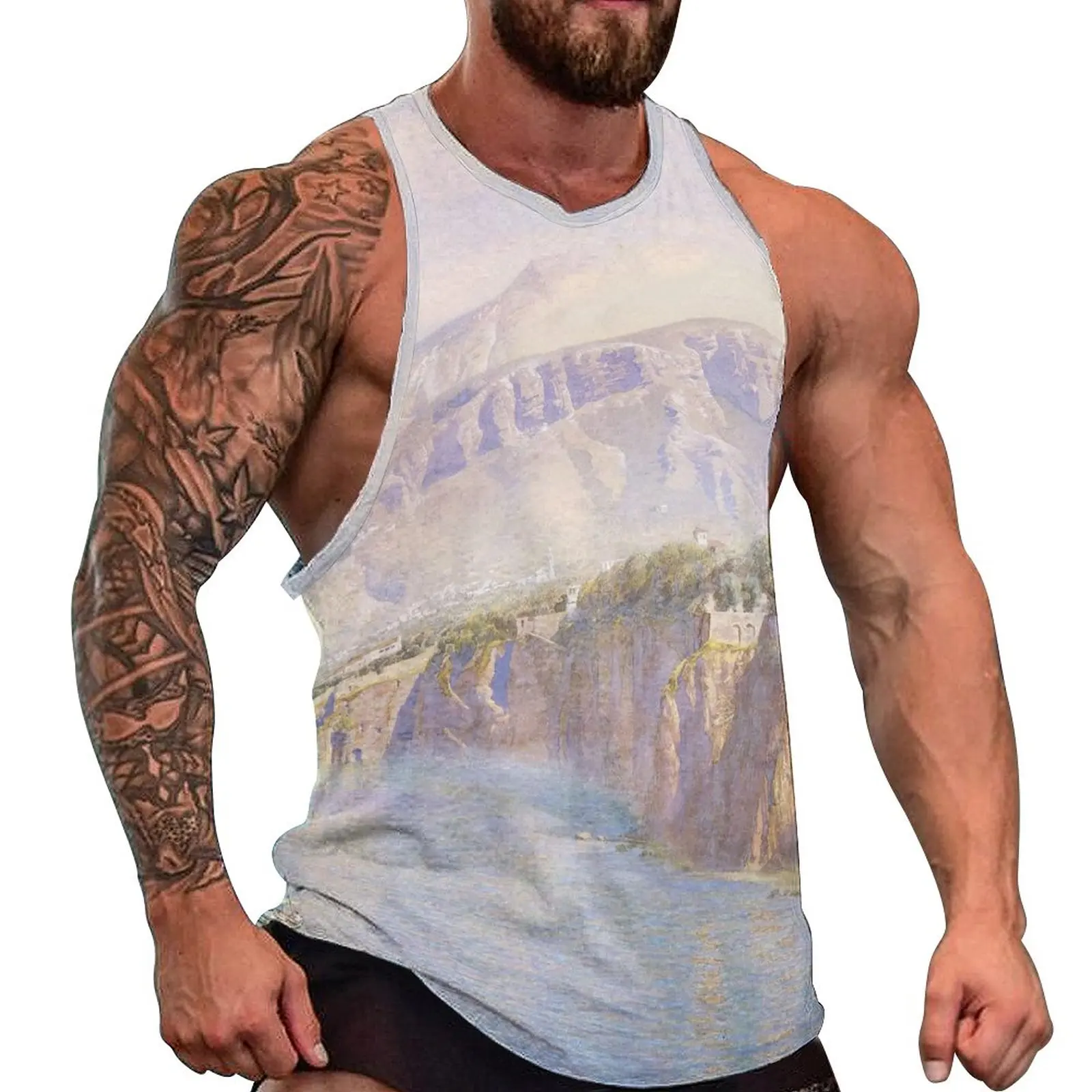 

Imitation Cotton Men Tank Top Scenery Paintings 3D Print Trees Leaves Sleeveless T Shirt Vest Crew Neck Streetwear