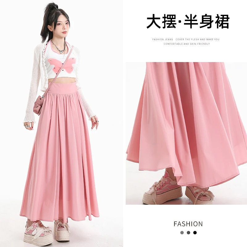 

Coigarsam Women Long Skirt Spring 2024 New Cute Flounced Solid High Waist Pink Skirts