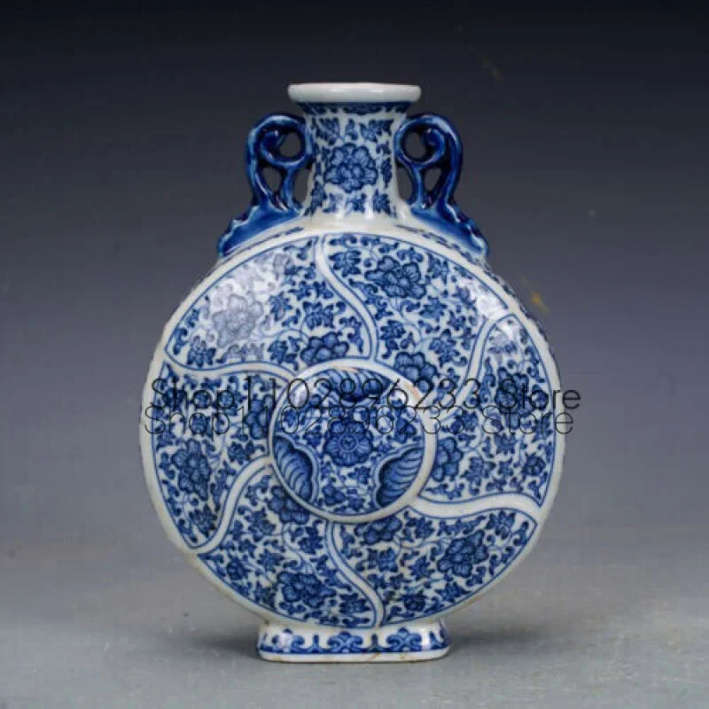 

7.70 inch Chinese Blue and White Porcelain Qing Qianlong Lotus Pattern Flat Vase