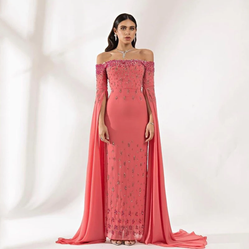 Watermelon Red Half Sleeve Luxury Sequined Beading Dubai Evening Dress Mermaid Off The Shoulder With Cape Saudi Arabic Formal Pa
Watermelon Red Half Sleeve Luxury Sequined Beading Dubai Evening Dress Mermaid Off The Shoulder With Cape Saudi Arabic Formal Pa