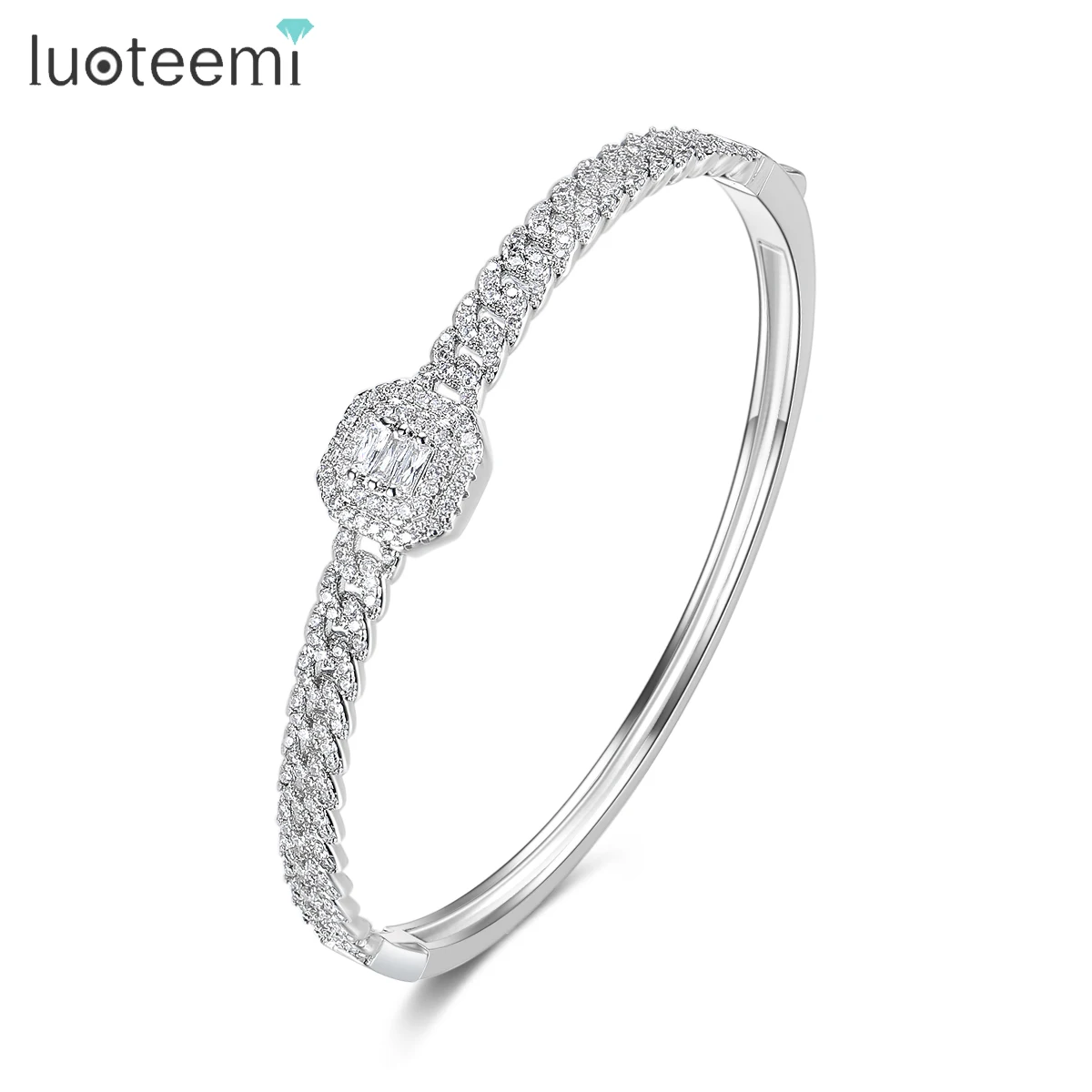 

LUOTEEMI Iced Out Silver Color CZ Bangle for Mom Square Cubic Zircon Charm Cuff For Women Cuban Chain Bangle for Hip Hop Man