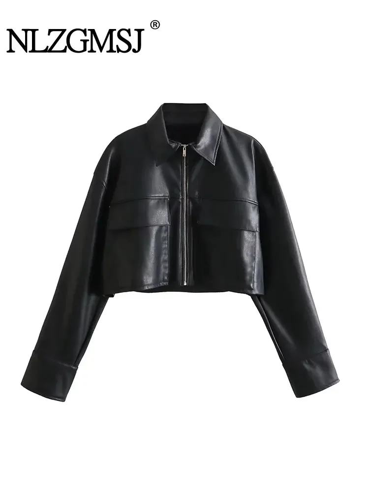 

Nlzgmsj TRAF Faux Leather Shirts for Women Black Zip Cropped Top Woman Long Sleeve Shirts and Blouses Women Streetwear