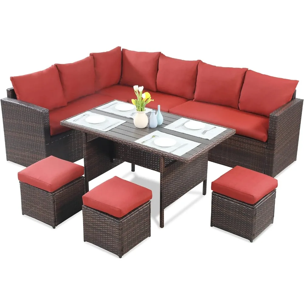 

7 Piece Outdoor Dining Sectional Sofa With Dining Table and Chair Garden Furniture Sets Patio Furniture Set Red freight Free