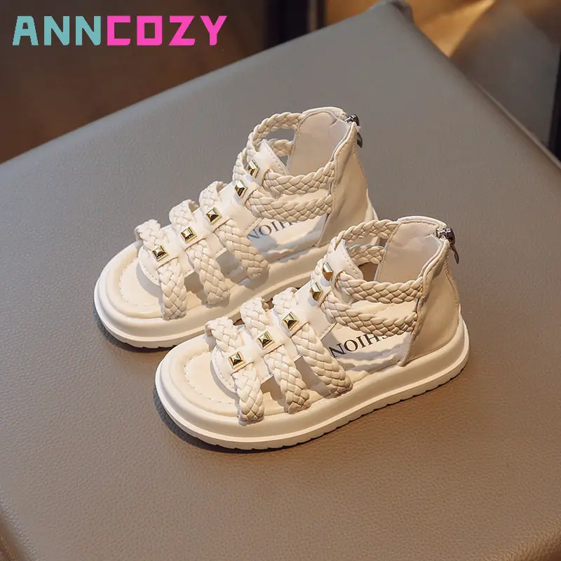 

Girls Roman Sandals 2023 Summer Fashion Casual Open Toe Braided Solid Color High-top Simple Rivets New Hollow Flat Casual Shoes