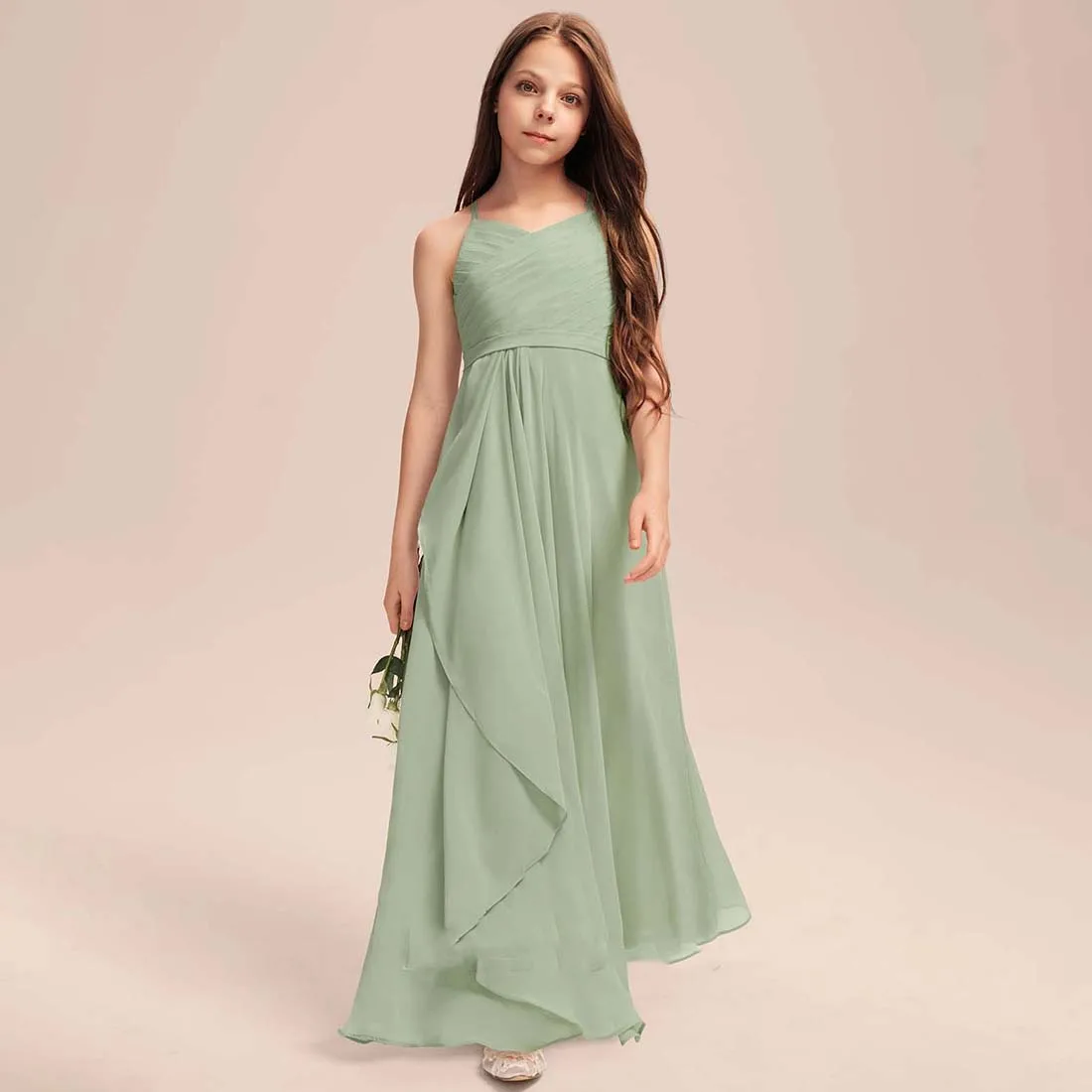 

YZYmanualroom Chiffon Junior Bridesmaid Dress With Cascading Customize Ruffles A-line V-Neck Floor-Length 2-15T