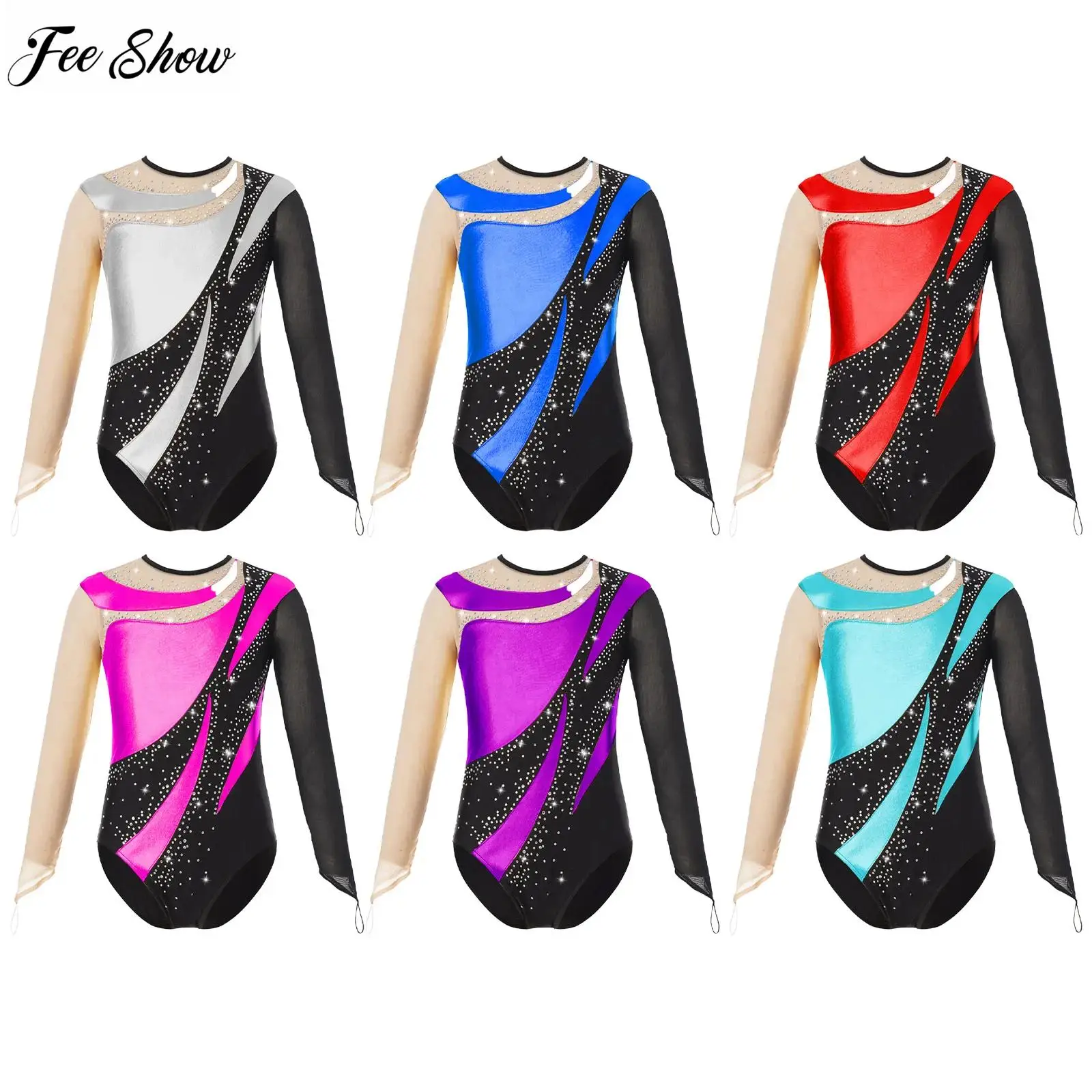 

Kids Girls Shiny Gymnastic Leotard Bodysuit Mesh Long Sleeve Keyhole Back Metallic Contrast Ice Skating Jumpsuit