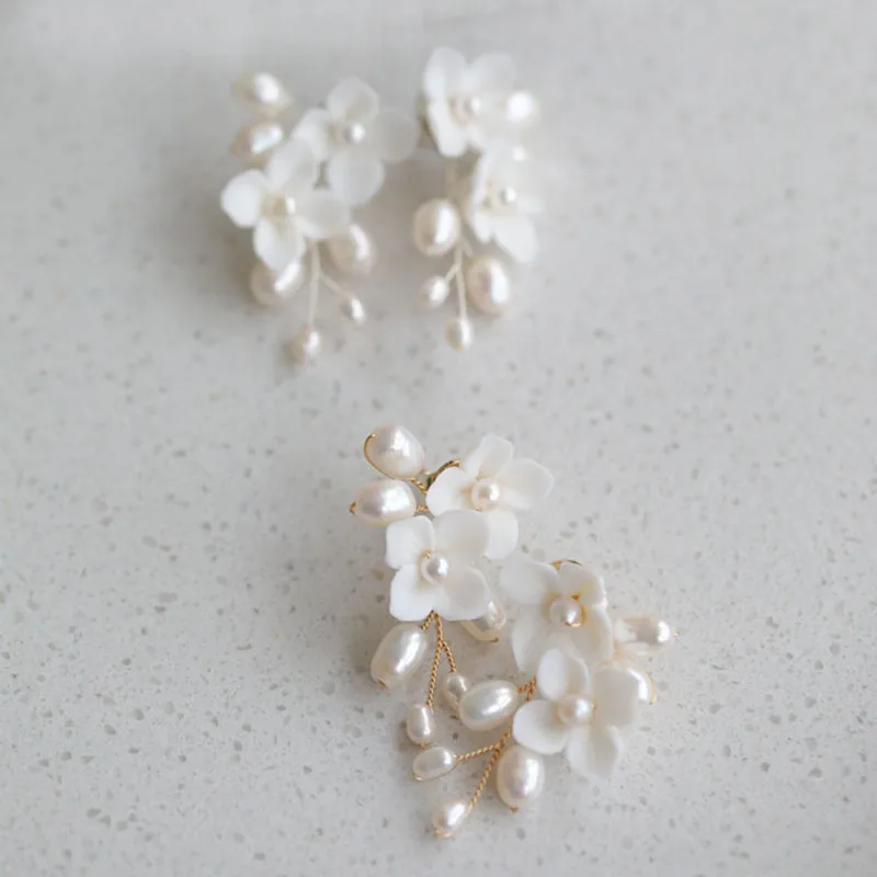 

SLBRIDAL Handmade Ins Sparkling Zircon Alloy Leaf Porcelain Flower Freshwater Pearls Bridal Wedding Earring Women Girls Earrings