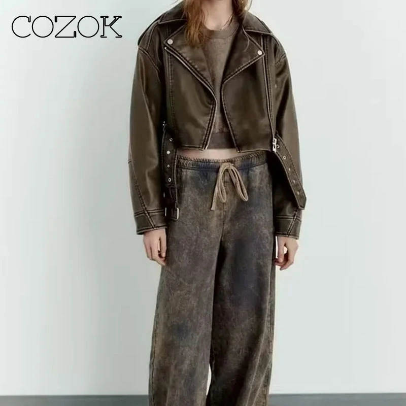 COZOK Washed Leather Belt Jacket Women Loose Sashes Casual Biker Jackets Outwear Female Tops BF Style Leather Jacket Coat
COZOK Washed Leather Belt Jacket Women Loose Sashes Casual Biker Jackets Outwear Female Tops BF Style Leather Jacket Coat