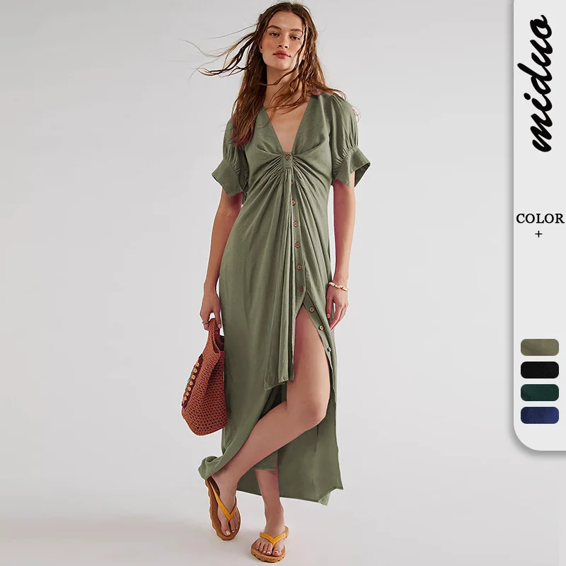

New Arrival Women Button Cardigan Sraps Short Sleeved Loose Fitting Dress Beach Vacation Dress Casual Loose Fitting Dress