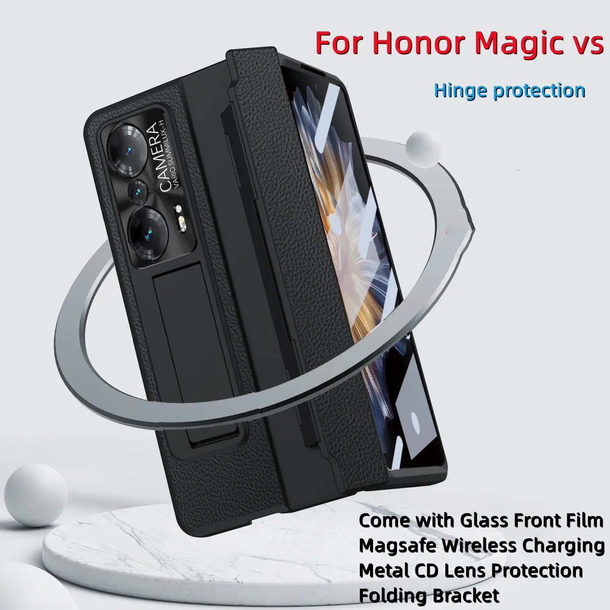 

Кожаная искусственная кожа Lychee для Honor Magic VS полная упаковка шарнирная защита телефона телефон поставляется со стеклянной передней пленкой и складным кронштейном
