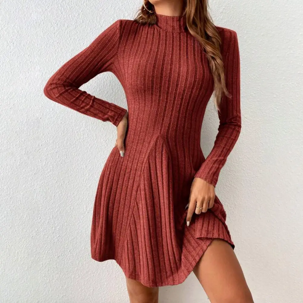 

Waist Slimming Dress Stylish Ribbed Knitted Dress Autumn Winter Solid Color Half High Collar Long Sleeve Slim Fit Loose Hem