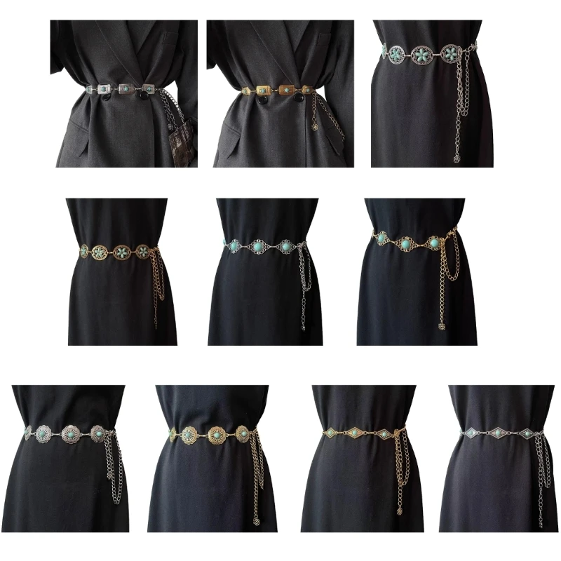 

Q0KE Delicate Relief Turquoise Buckle Waist Belt Women Prom Party Dress Belt Thin Shinning Ethnic Style Adjustable Belt