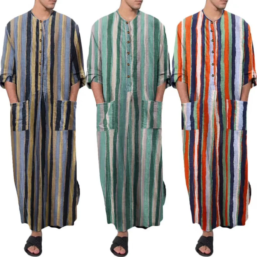 

2024 Striped Printed Men's Muslim Long Sleeve Cotton Robes Summer Male Islamic Arabian Kaftan Suit Middle East Dubai Abaya Retro