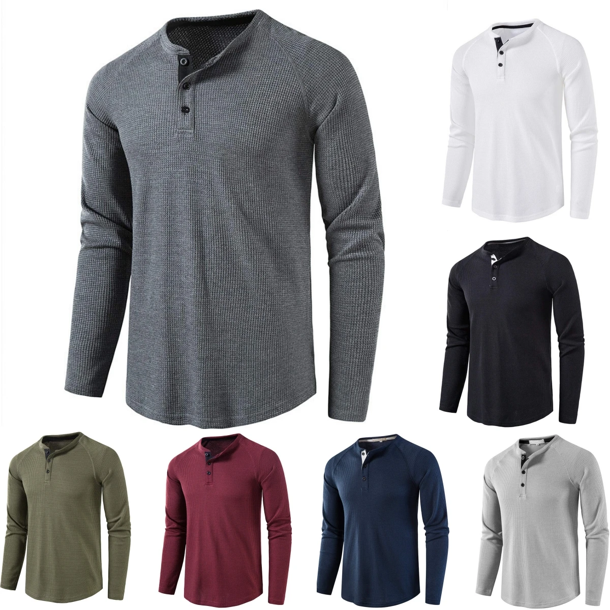 

New Waffle Henley Tshirt Men High Quilty Crew Neck Long Sleeve T-Shirt Casual Solid Color Top Slim Fit Gray t shirt men