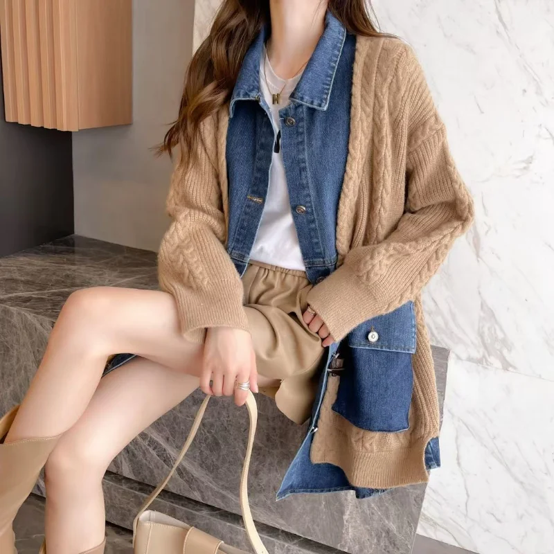 

Designed Cardigans Denim Splicing Sweater Jacket Women Loose Autumn Winter Fake Two-piece Midi Knitted Tops Straight Horn Buckle