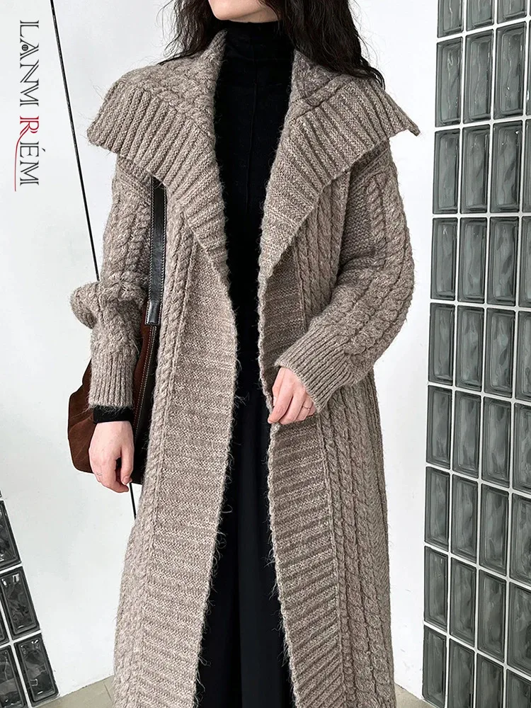 

[LANMREM] Minimalism Warm Knitting Cardigan Coats For Women Solid Lapel Long Sleeve Casual Loose Outwear 2023 Winter New 26D6850