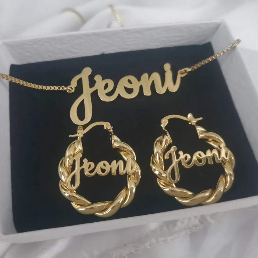 

LeeChee Girl's 25mm Twist Hoop Earloop Custom Name Letter Pendant Necklace Stainless Steel Jewelry 2Pcs Set Gift For Her