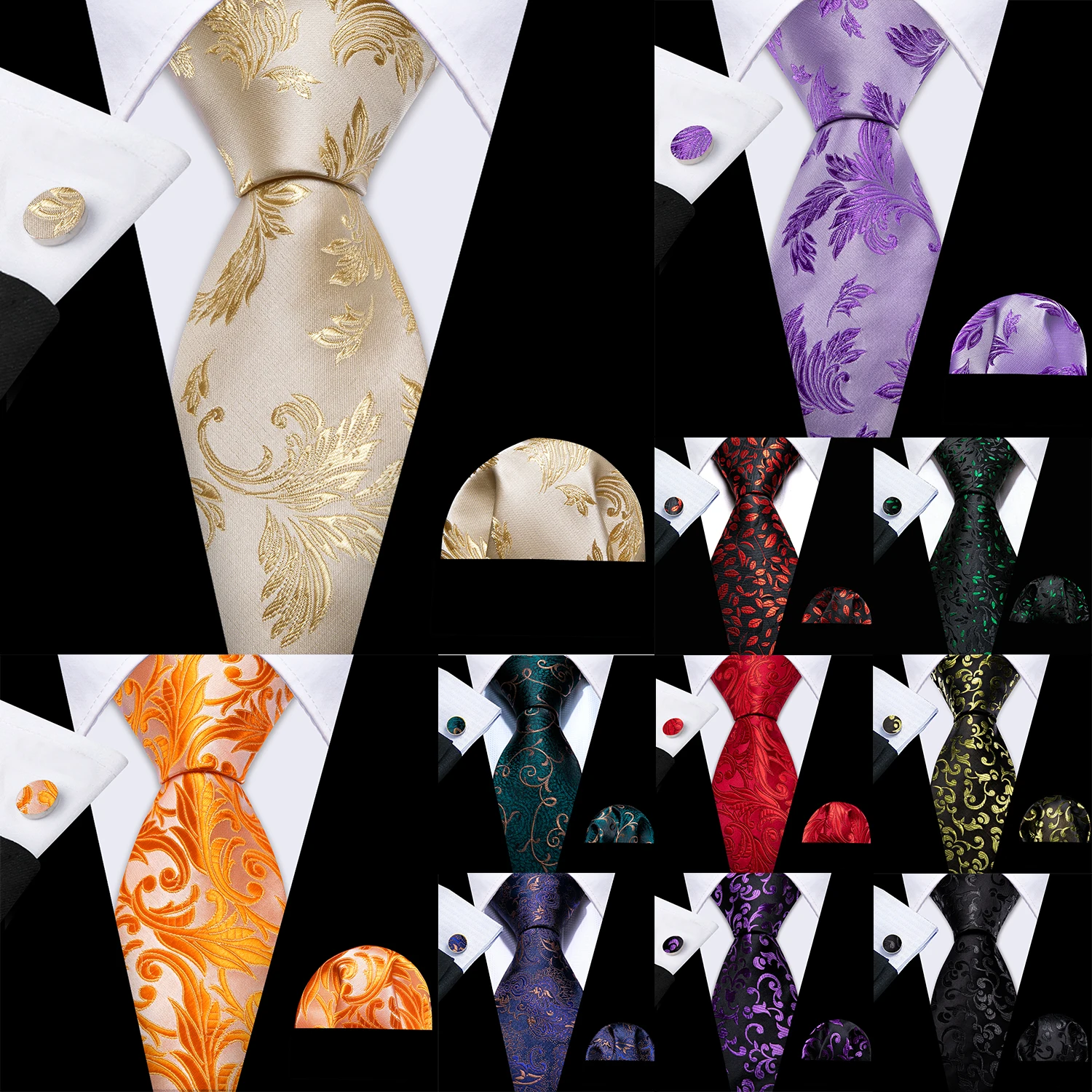 

Barry.Wang Leaf Flower Silk Men Tie Hankerchief Cufflinks Set Novelty Vine Fern Necktie Cravat for Male Wedding Party Business