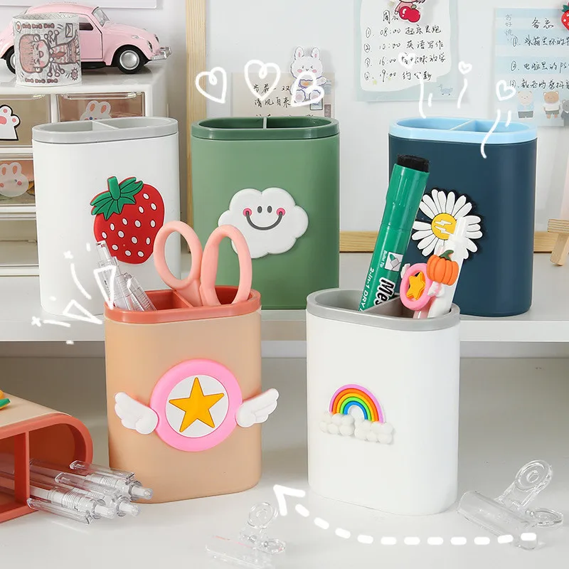 

Kawaii Creative Dual Grid Pen Holder Office Desk Multi functional Storage Girl Heart Cartoon Storage Box Stationery