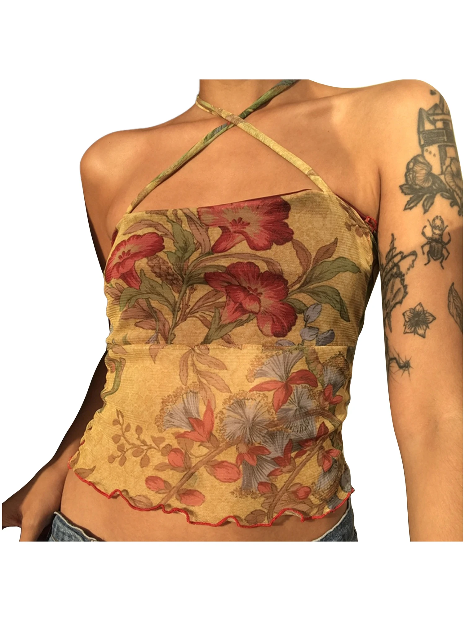 

2023 Ladies Summer Sexy Midriff-baring Camisole, Floral Printing Stringy Selvedge Hem Hanging Neck Sleeveless Mesh Tops