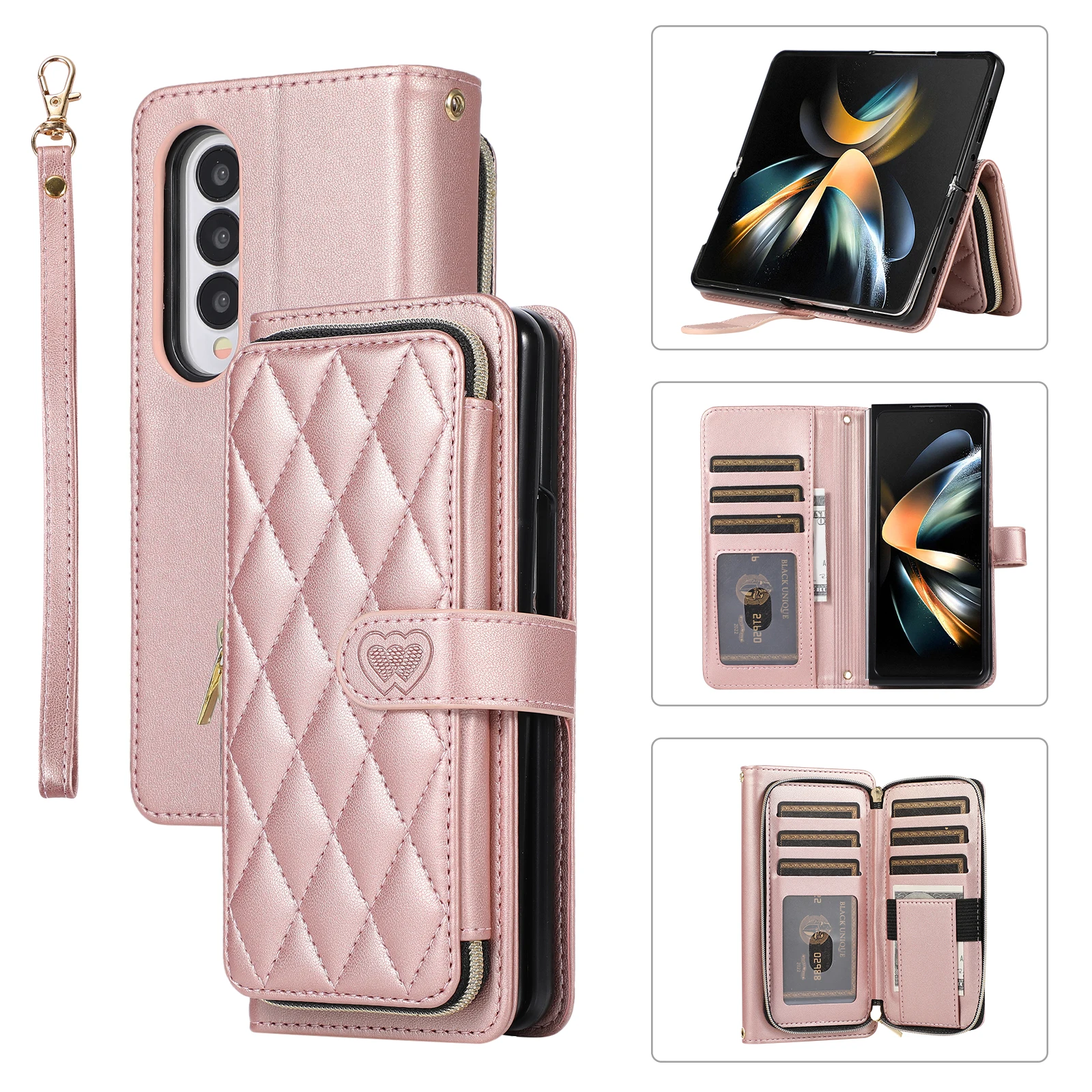 

Lanyard Crossbody Wallet Phone Case For Samsung Galaxy Z Fold 3 Fold 4 Fold5 RFID Blocking Organ Card Slot Lattice Leather Cover