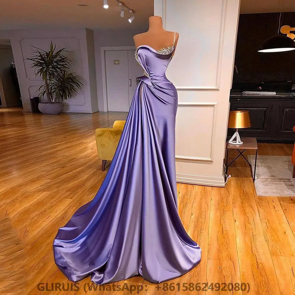 

Lilac Evening Dress Beading One Shoulder Stones Ruched Sweep Train Robe De Soiree Women Pageant Party Gowns