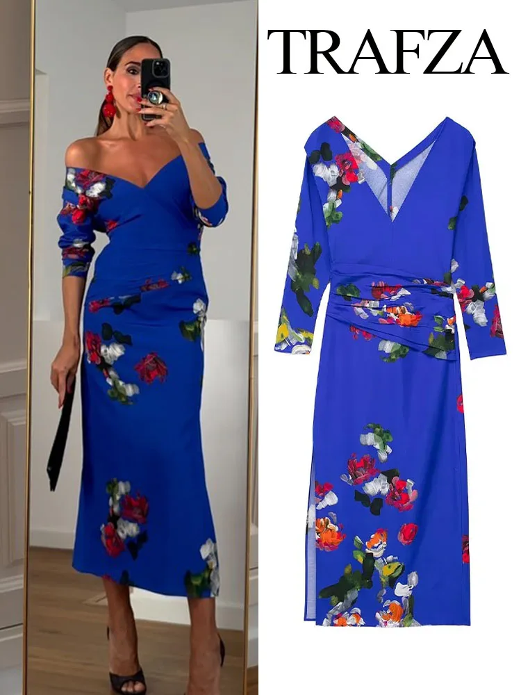 

TRAFZA Women Spring Chic Long Dresses Blue Floral V-Neck Long Sleeves Folds Slit Decorate Zipper Female Bohemian Style Dress