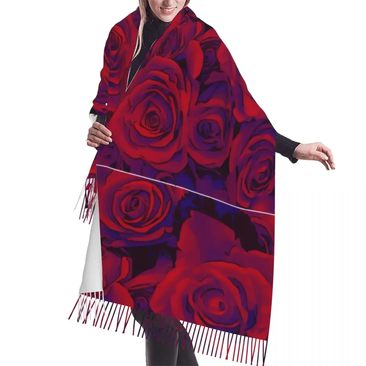 

Winter Tassel Scarf Roses Red Flowers Women Cashmere Scarves Neck Head Warm Pashmina Lady Shawl Wrap Bandana