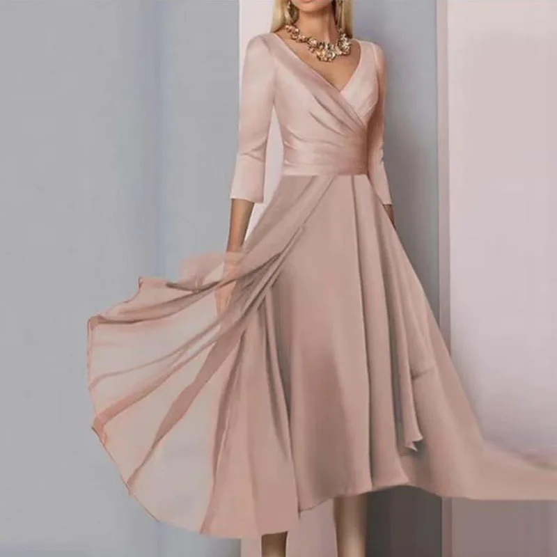 Chic Women Irregular Pleated Long Dress Fashion Lady 3/4 Sleeve Stitch Chiffon Dresses Elegant Solid V-neck Waist A-line Dress
Chic Women Irregular Pleated Long Dress Fashion Lady 3/4 Sleeve Stitch Chiffon Dresses Elegant Solid V-neck Waist A-line Dress