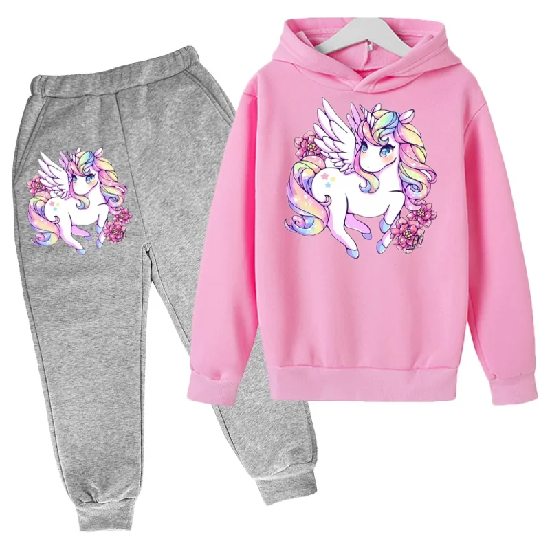 

New Unicorn Pink For Girls Hoodie Suit Cotton Top+Pant 2P Movement Clothing Spring Autumn Keep Warm Kids Childrens Boys Clothes