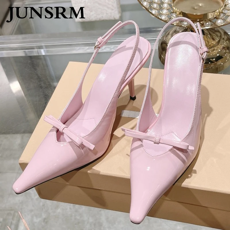 

Bowknot Pointed Toe Roman High Heels 2023 Summer New Stiletto Shallow Kitten Heel Sandals Women Real Patent Leather Runway Shoes