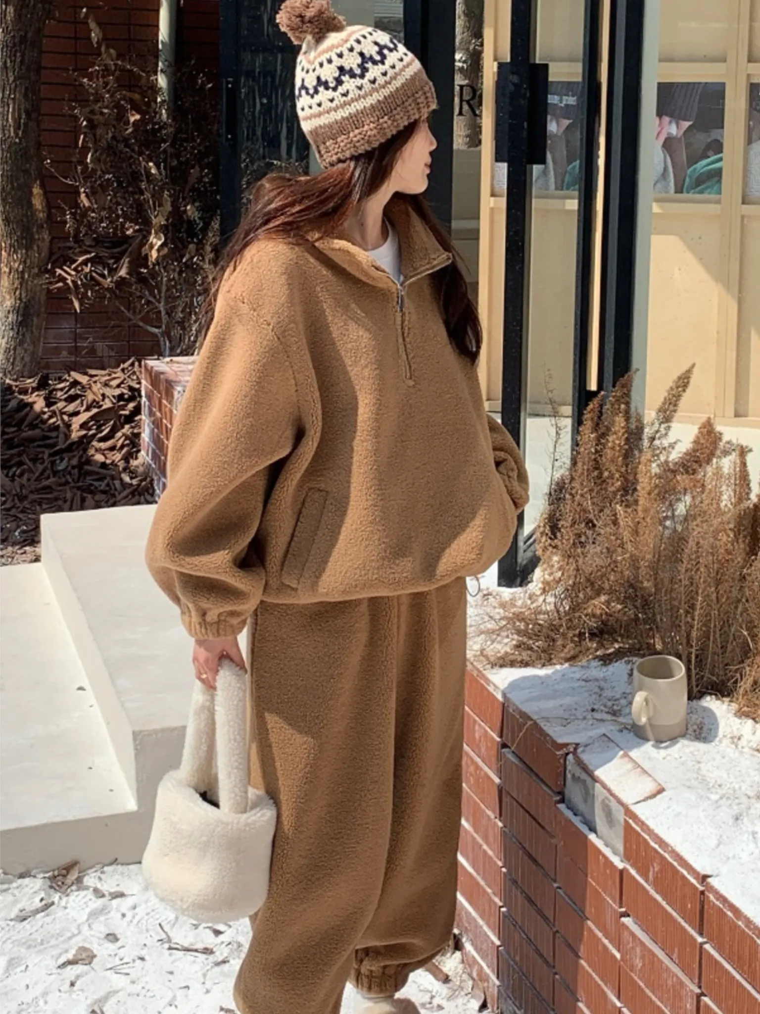 

Casual Loose Pullover 2 Piece Set Women Winter Warm Tracksuit Korean Solid Sweat Pants Oversized Tops Outfits Mujers Clothes