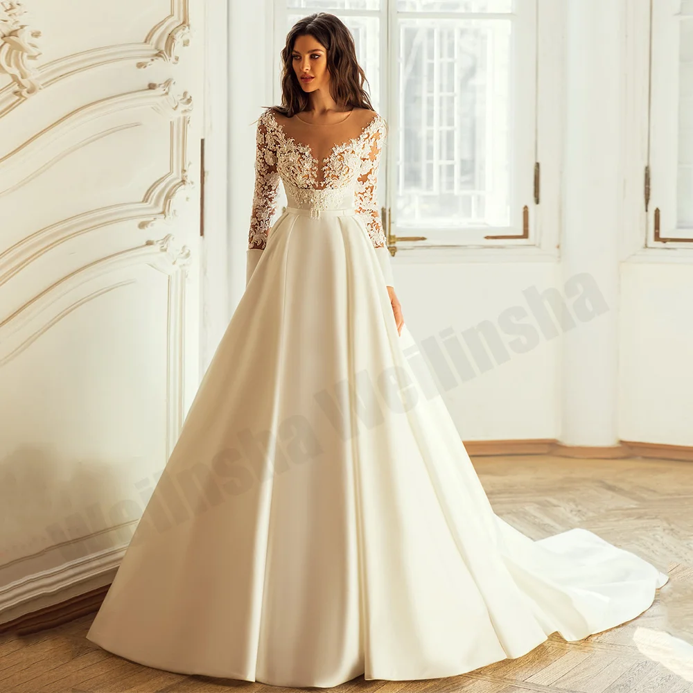 

Charming Satin Wedding Dress Top See Through Beading Applique Long Sleeves A Line Bridal Gown Vestido De Noiva with Pockets