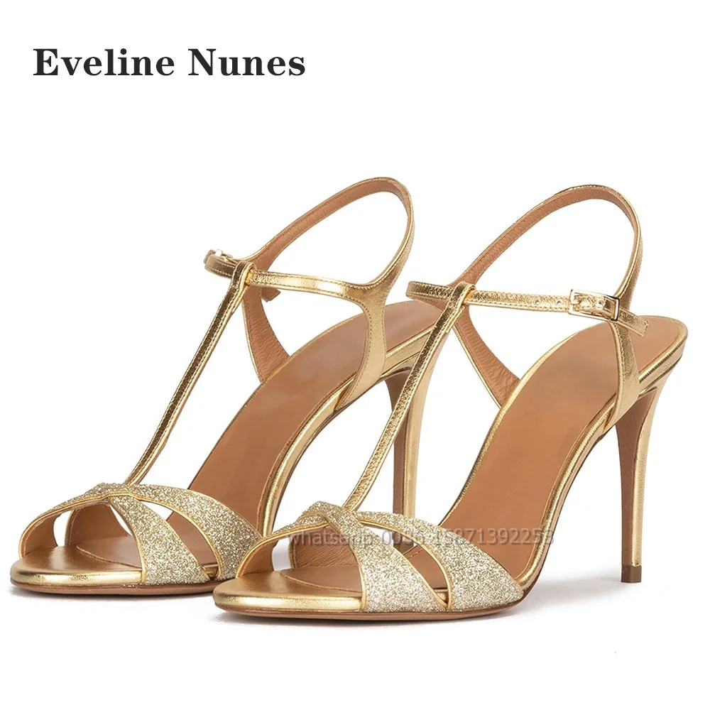 

Rhinestone T-Tied Golden Sandals Round Toe Stiletto One Word Buckle Large Size Women Heels Solid Buckle Strap Sexy Shoes Summer