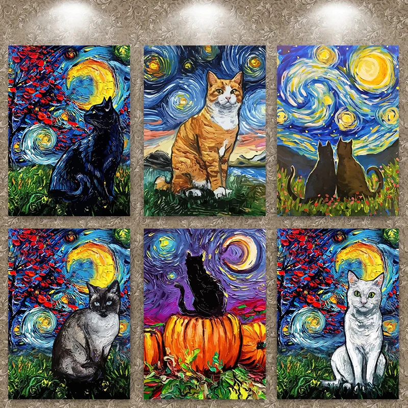 

The Cat Van Gogh's Starry Night Canvas Prints Paintings Abstract Cat Animal Wall Art Posters Pictures for Living Room Decoration