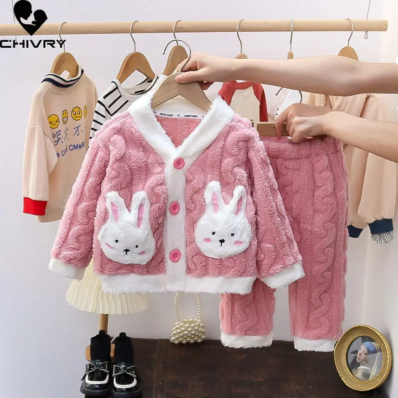 

New 2023 Autumn Winter Kids Thicken Warm Flannel Pajamas Sets Baby Girls Cartoon Rabbit Long Sleeve Casual Sleepwear Pyjamas