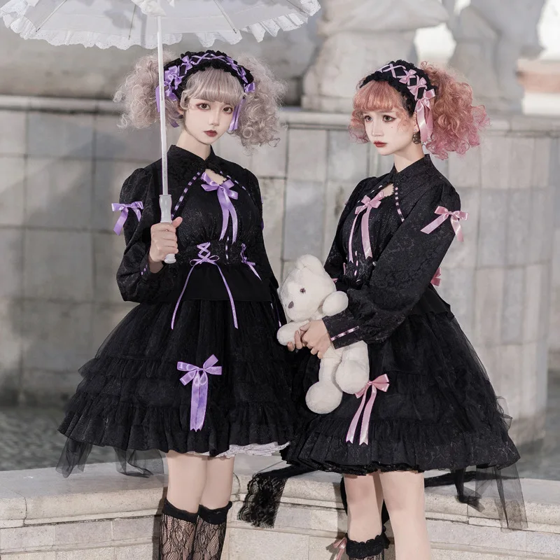 

Gothic Sweet Lolita Dress Women Retro Printing Designer JK Dresses Bow Lace Ruffles Girly Camisole Cosplay Dresses Girls