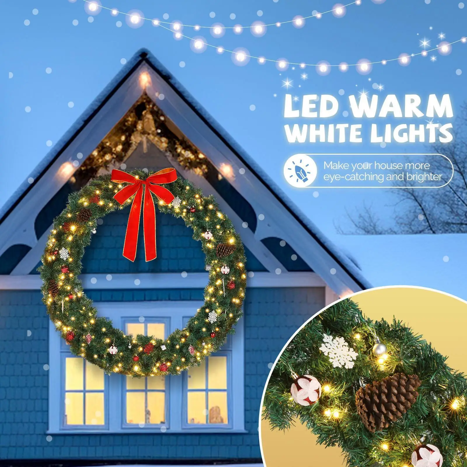 Pre-Lit Artificial Christmas Wreath Wintry Pine with Warm White LED Lights, Battery Operated, Adorned with Bows Decoration
Pre-Lit Artificial Christmas Wreath Wintry Pine with Warm White LED Lights, Battery Operated, Adorned with Bows Decoration