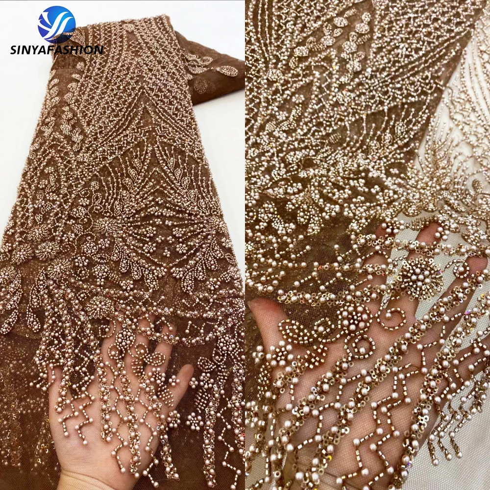 

Sinya Fully Pearls African French Sequins Nigerian Tulle Lace Fabric 2024 High Quality Bridal Wedding Beaded Lace Fabrics Luxury