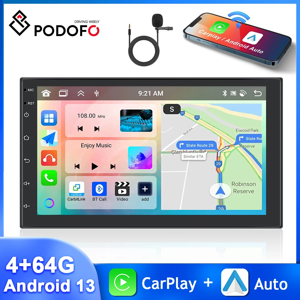 

Podofo 4+64G 7'' Car Radio Carplay Android Auto Multimedia Player Bluetooth AI Voice WIFI GPS Navigation DSP 2Din Car Stereo