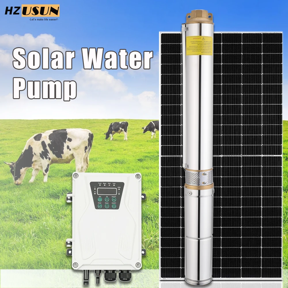

HZUSUN 1300W Submersible Solar Bore Water Pump Set for 50M Deep Well High Quality DC Pumping System Kit with MPPT Controller