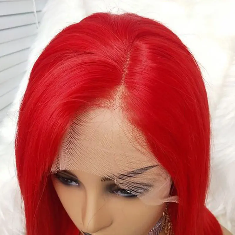 

Fire Red Synthetic Hair Lace Front Wig Short Straight Bob Heat Resistant Fiber Natural Hairline Middle Parting For Women Wigs