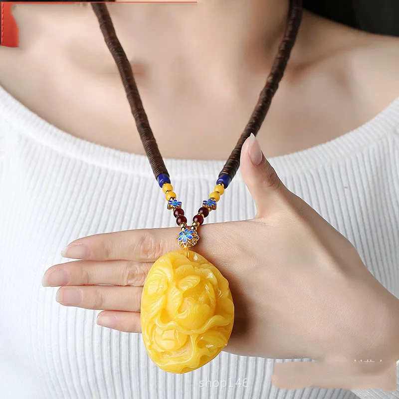 

Baltic Old Beeswax Pendant Yellow Chicken Grease Amber Pendant Peony Pendant Necklace Sweater Chain for Men and Women