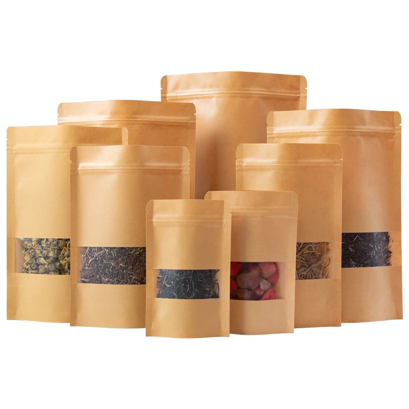 

Биоразлагаемые переработанные индивидуальные стоячие мешочки, упаковка для сухих продуктов, коричневые пакеты из крафт-бумаги с прозрачным окном