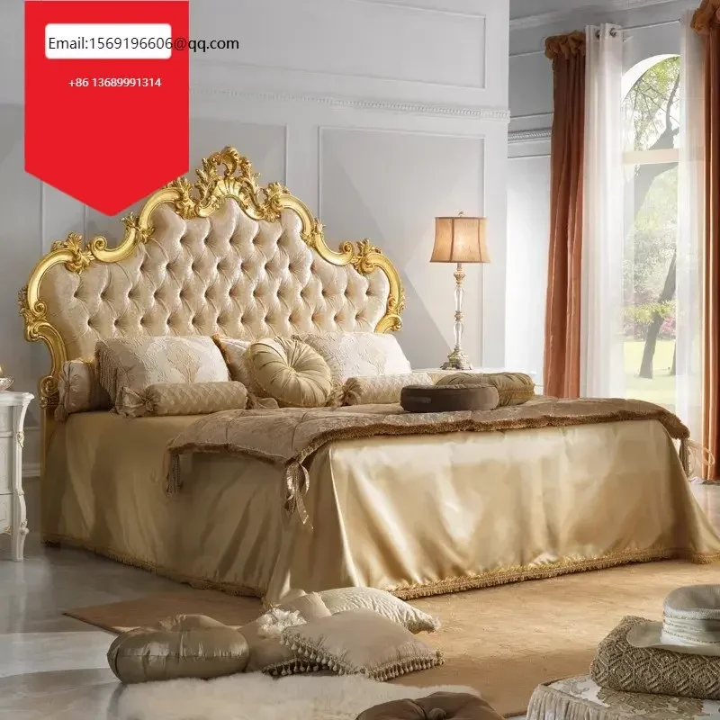 

French luxury solid wood double bed master bedroom villa furniture custom carved gold foil 1.8m big European wedding
