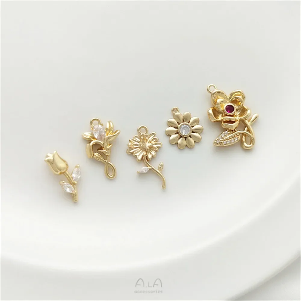 

14K Pack Gold Color Preserving Zircon Small Daisy Tulip Rose Flower Pendant Handmade Earrings Bracelet Pendant